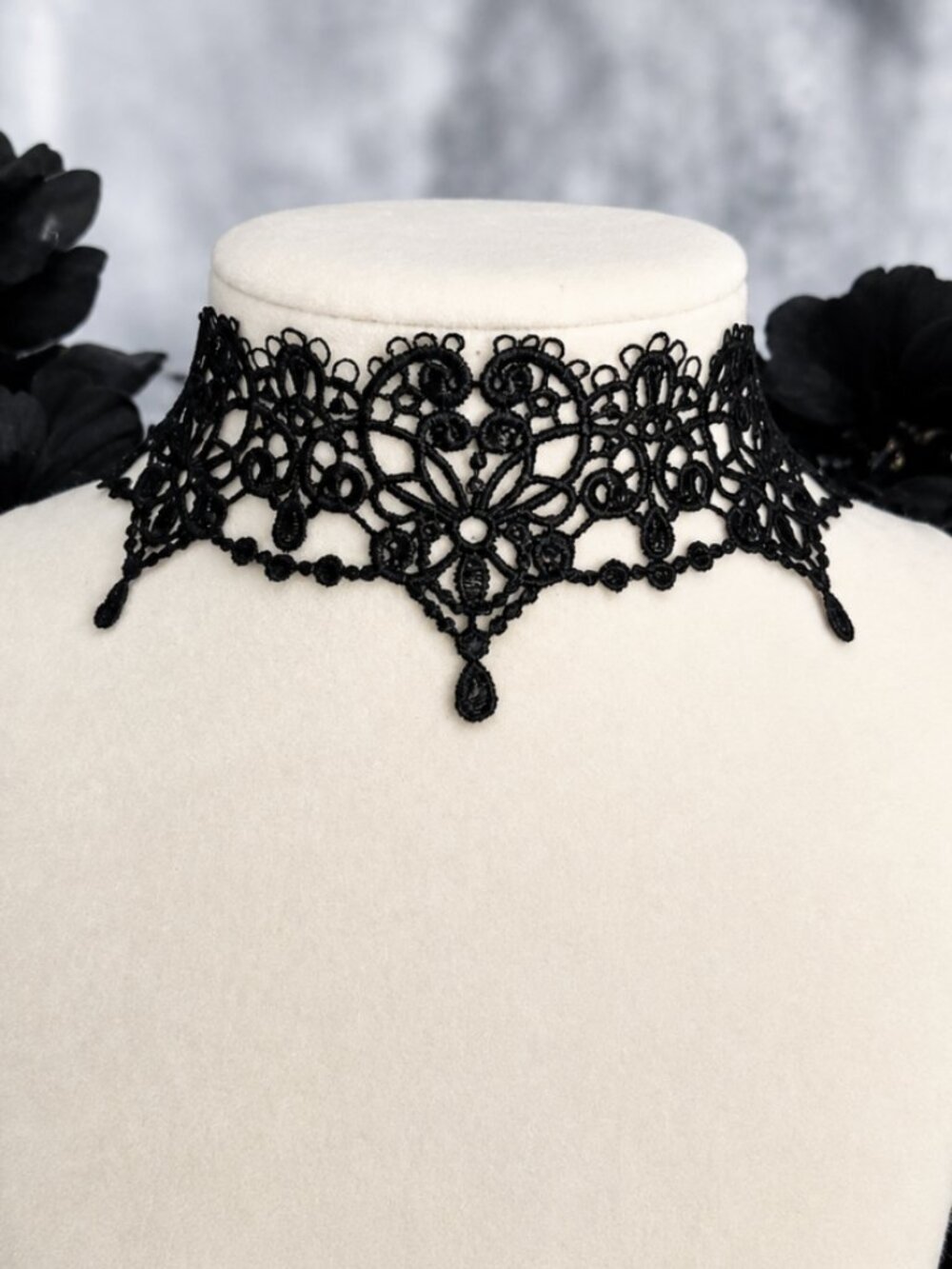 Gothic Black Lace Wide Choker Necklace Statement Jewelry Witchy Wiccan Handmade